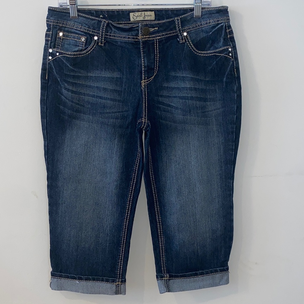 3/$45 Earl Jeans Dark Blue Cropped Capri Denim Embellished Back Pockets Size 12P